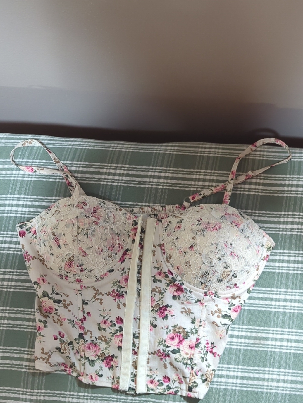 Floral Lace Bustier Corset Style Crop Top - Ivory with Pink Roses